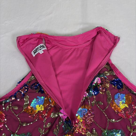 Amylynn Floral Sequined Mini Dress Size Large Pink w/Feather Trim Bnft Charity - Picture 9 of 12
